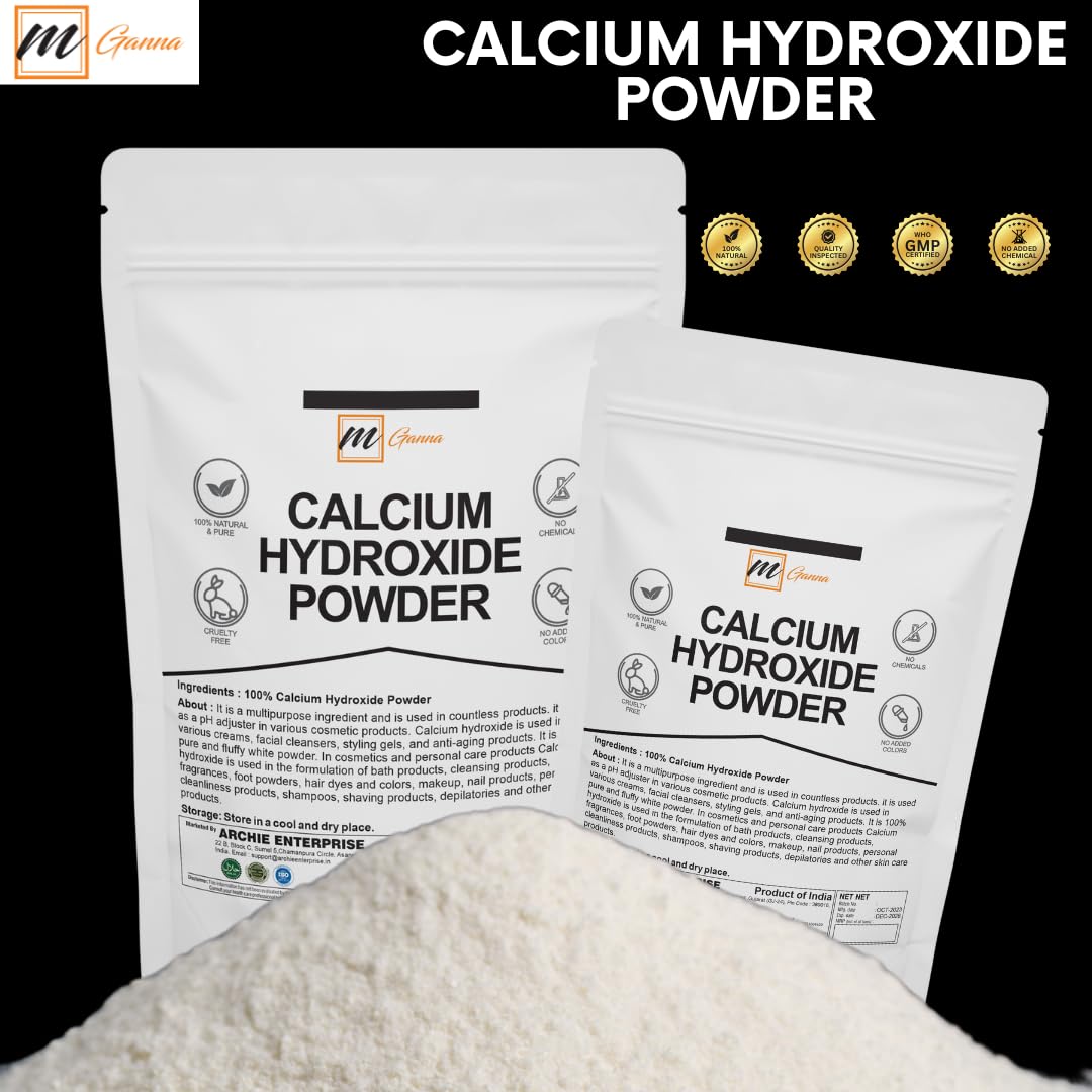 mganna calcium hydroxide powder being poured from a pouch for creams and cleansers.