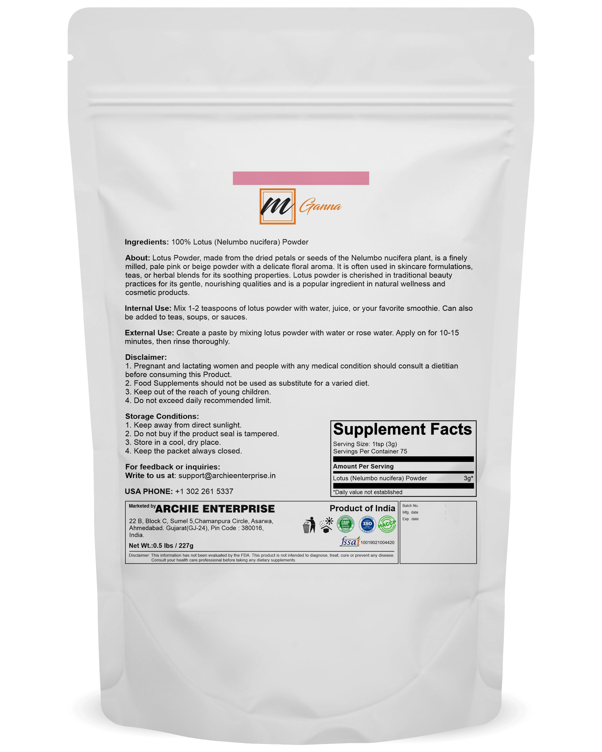 mGanna lotus flower powder packaging shows 0.5 lb size for home use
