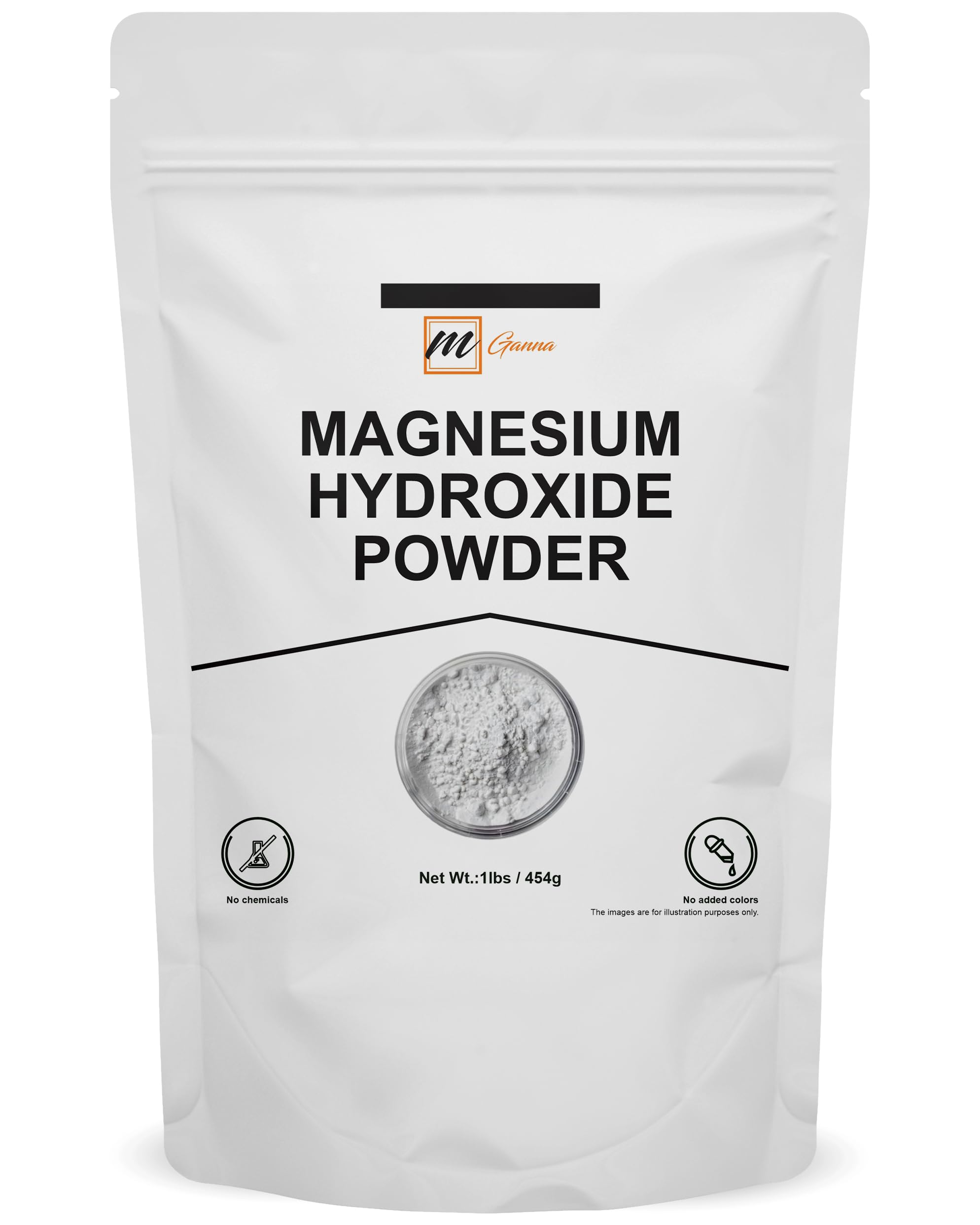 mGanna Magnesium Hydroxide Powder tub label closeup showing premium quality