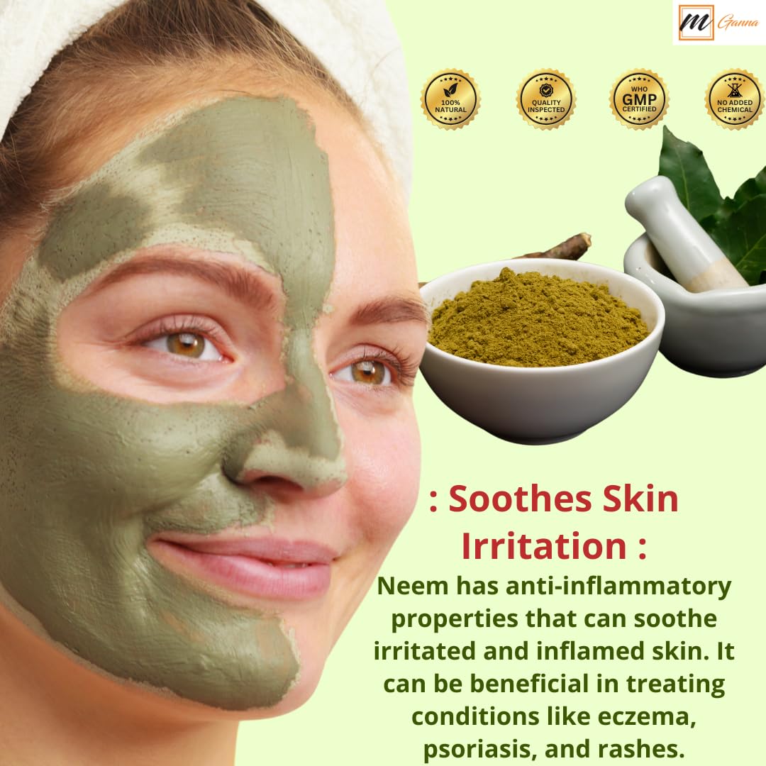 mGanna neem powder label highlights ingredients and paraben-free formulation.