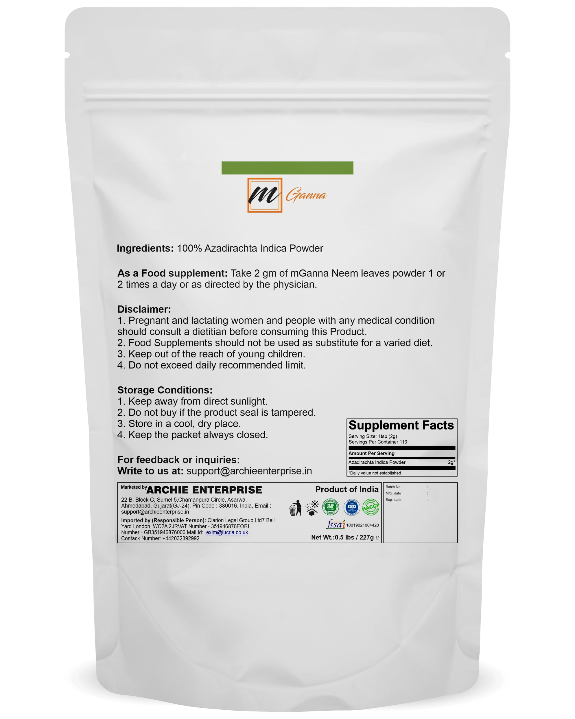 mGanna neem powder packaging jar emphasizing safety and premium cosmetic-grade quality.