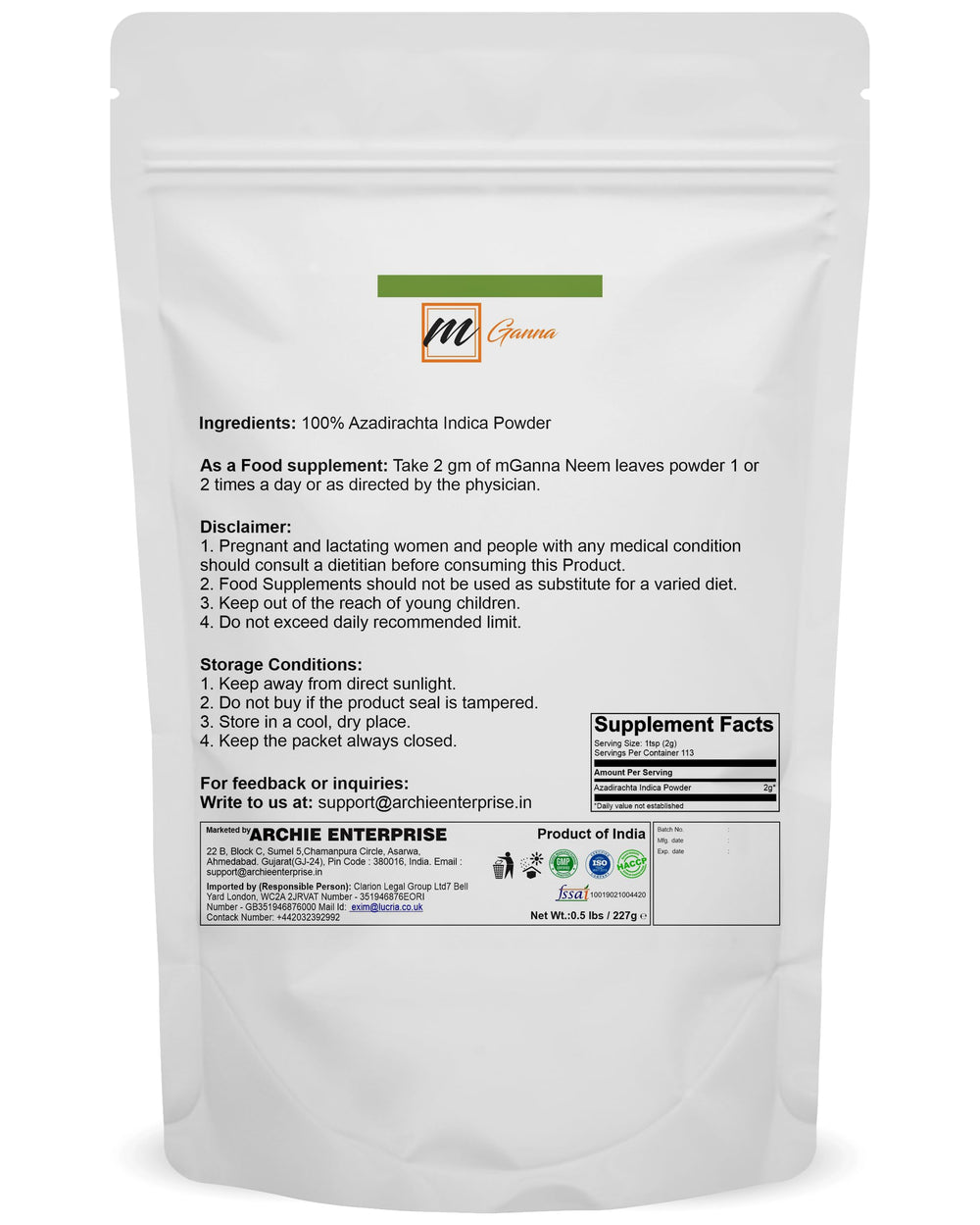 mGanna neem powder packaging jar emphasizing safety and premium cosmetic-grade quality.