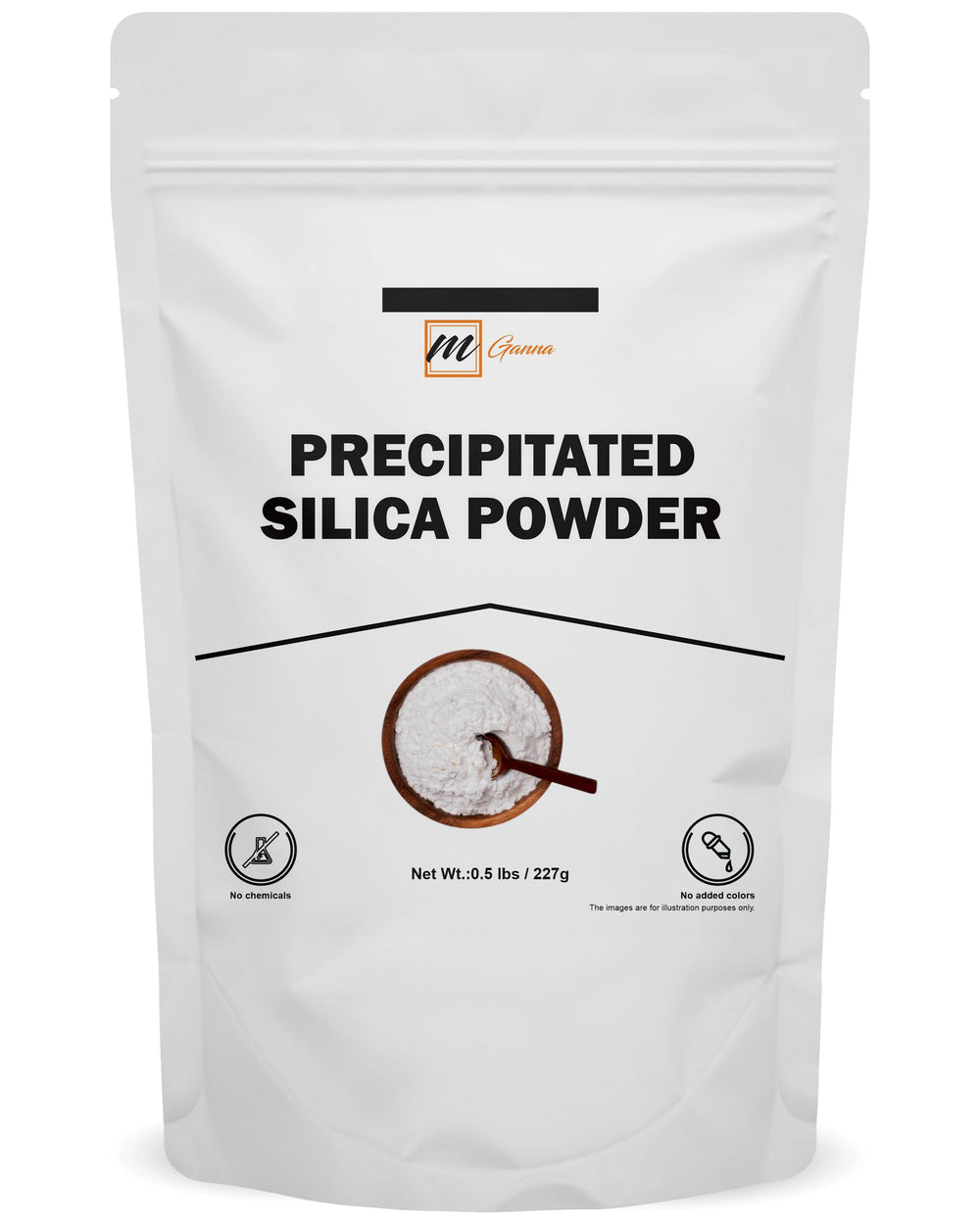 mGanna precipitated silica powder packaging with label in a compact 227g container for easy storage.