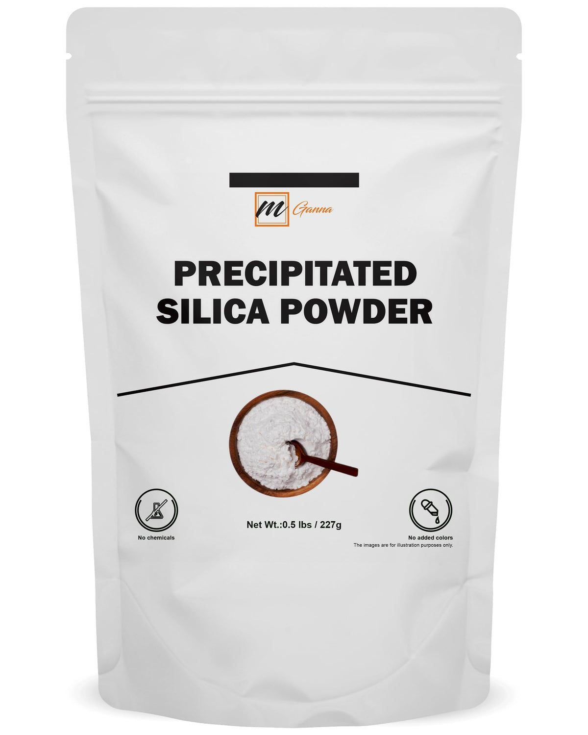 mGanna precipitated silica powder packaging with label in a compact 227g container for easy storage.