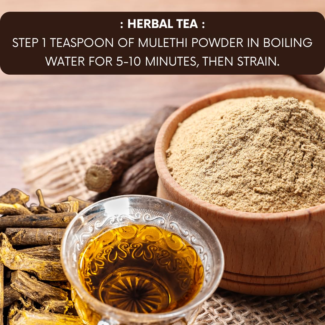 mGanna mulethi powder in glass bowl ready for facial masks or hair care recipes.
