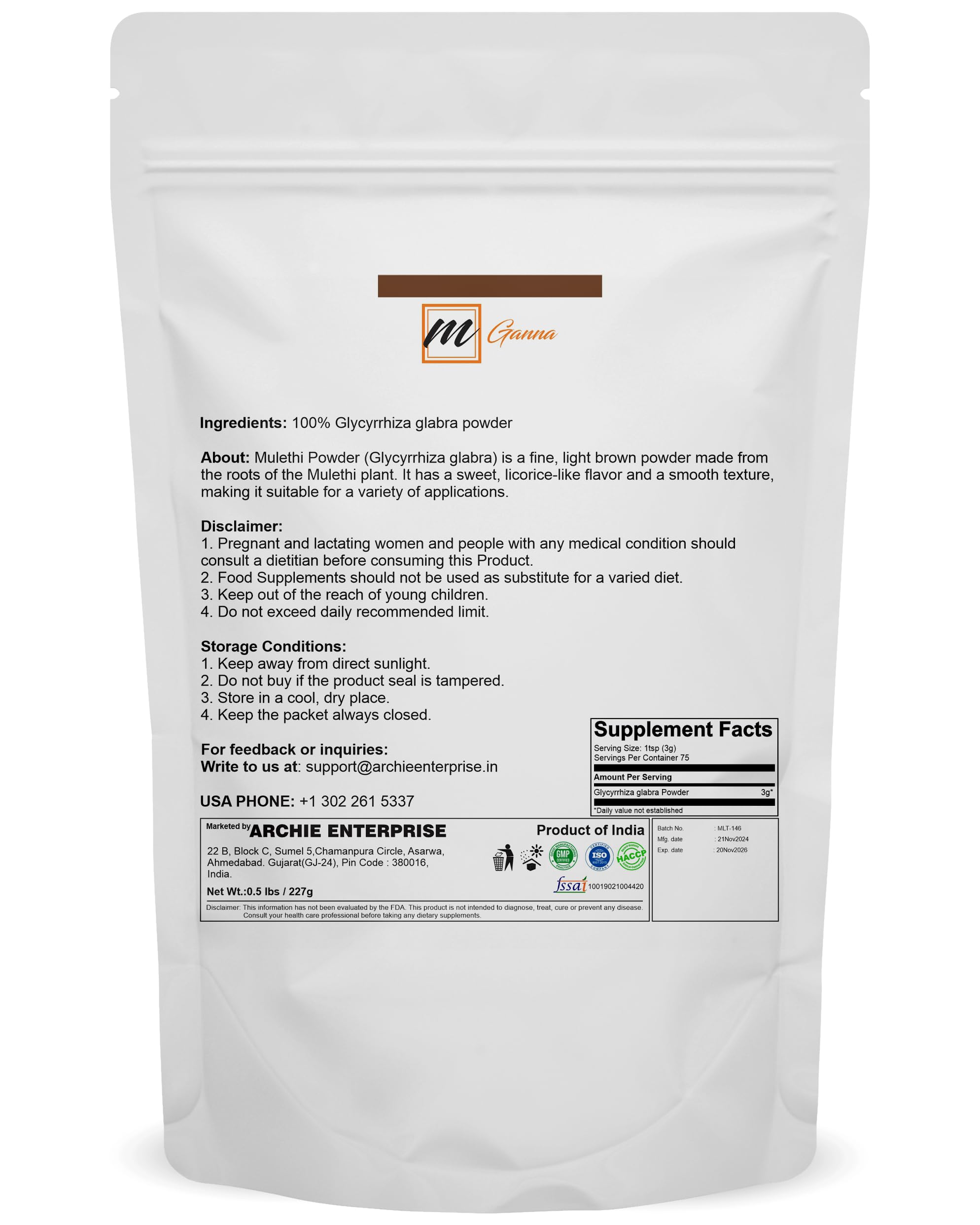mGanna mulethi powder spoon measure ready for cosmetic and skincare formulations.