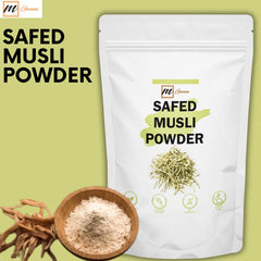 mganna Safed Musli bottle label shows 100% natural formulation for vitality
