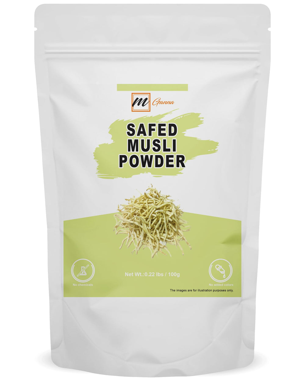 mganna Safed Musli powder jar shows premium herbal supplement for daily wellness