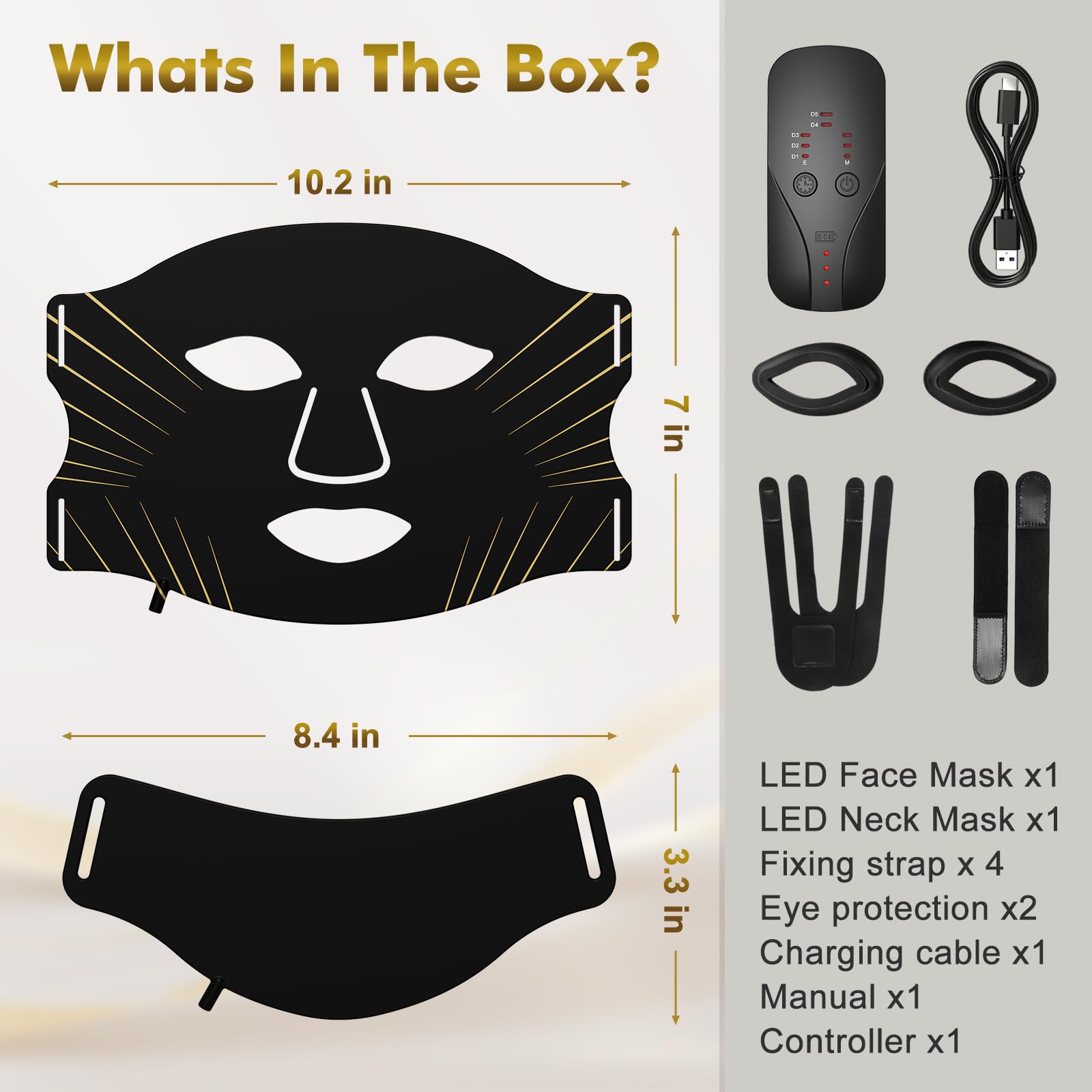 mhpoycd FM-03 LED mask accessories including controller, adapter, USB cable, and adjustable straps.