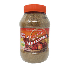 Close-up of Mi Fibra Diaria Apple Fiber Powder label highlighting natural dietary fiber source.
