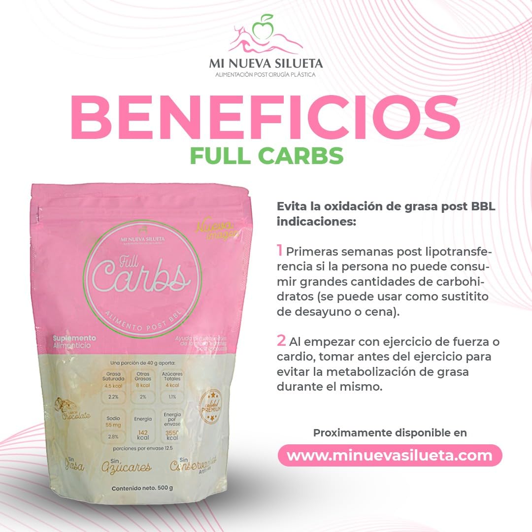MI NUEVA SILUETA Full Carbs vanilla powder packaging showcases volume retention during workouts