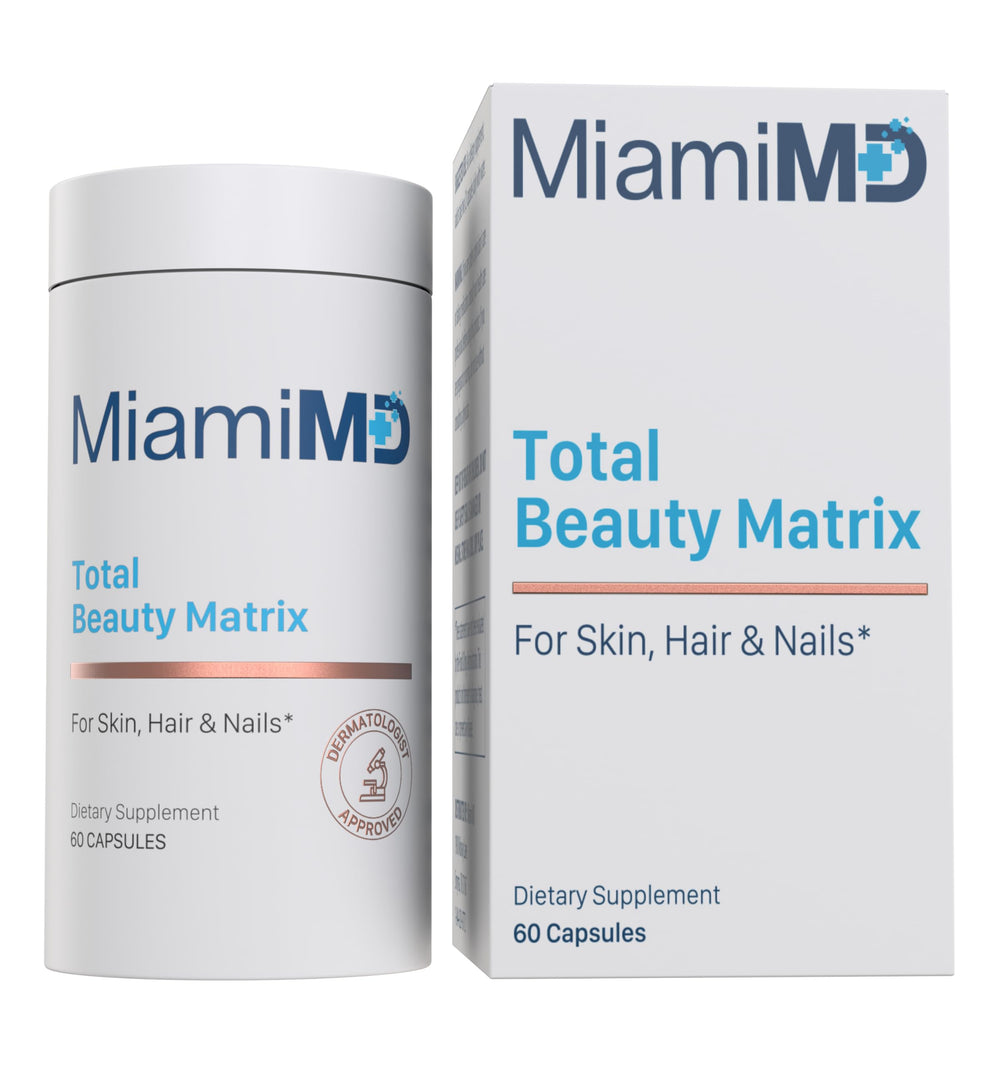 MiamiMD Total Beauty Matrix capsules bottle on shelf for daily beauty rituals.