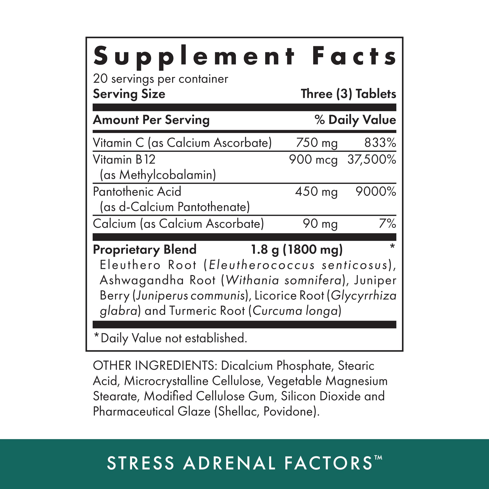Close-up of MICHAEL'S Adrenal Factors bottle label highlighting vitamin C and herbal blend.