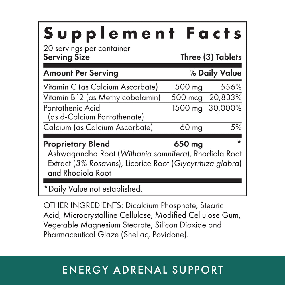 MICHAEL'S Adrenal Support tablet close-up shows compact vegetarian format for easy dosing