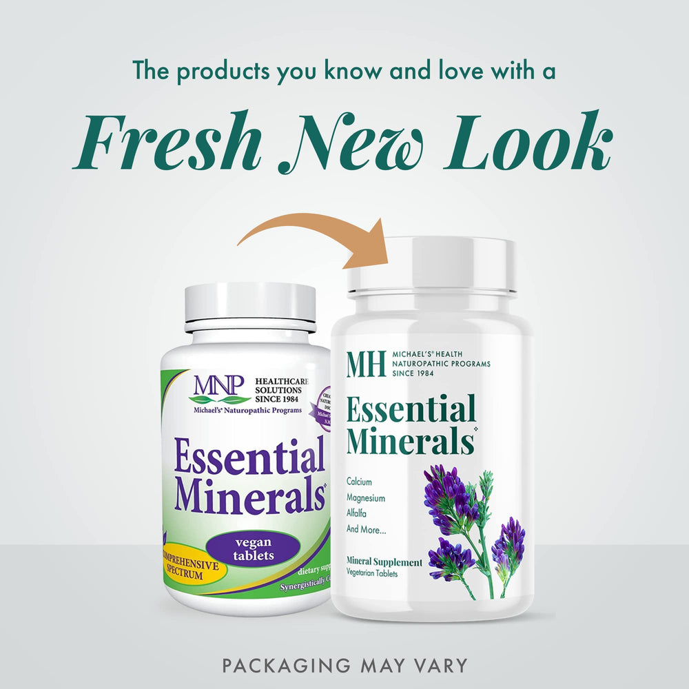 Nutrition panel on MICHAEL'S Essential Minerals highlights calcium, potassium, zinc.