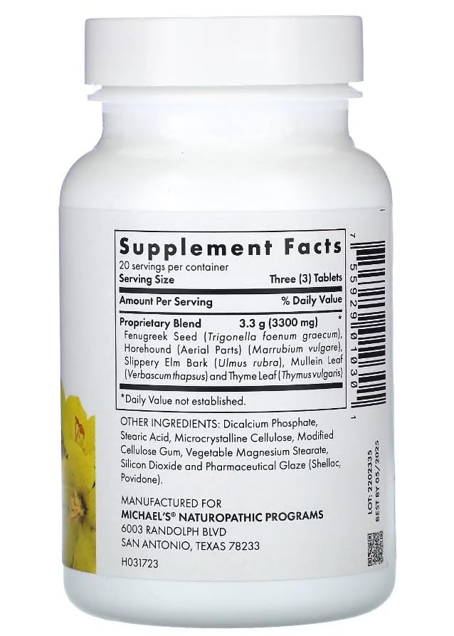 MICHAEL'S LNG tablets close-up emphasizing high-potency herbs for lung function.