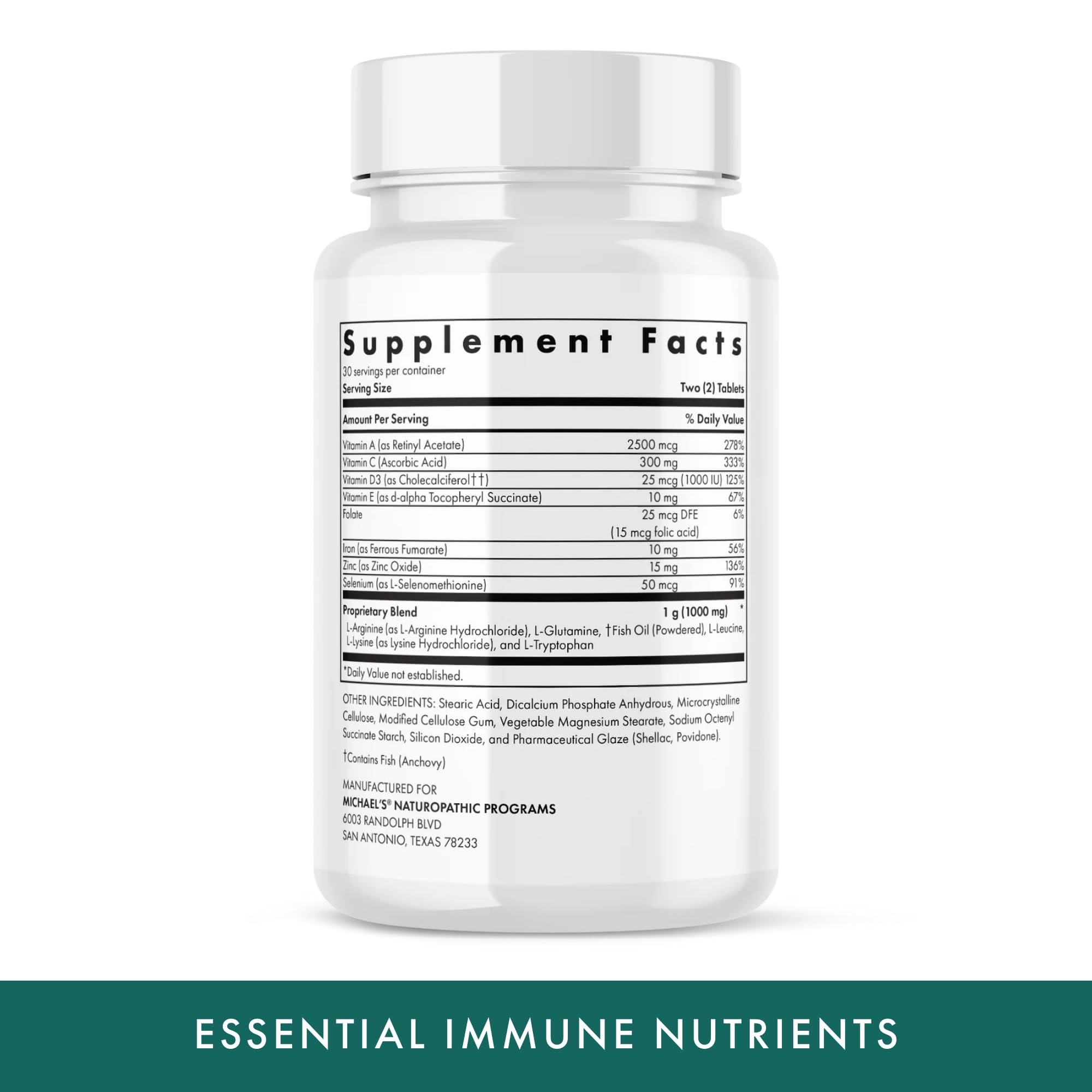 MICHAEL'S Essential Immune Nutrients label close-up highlighting vitamin C and zinc