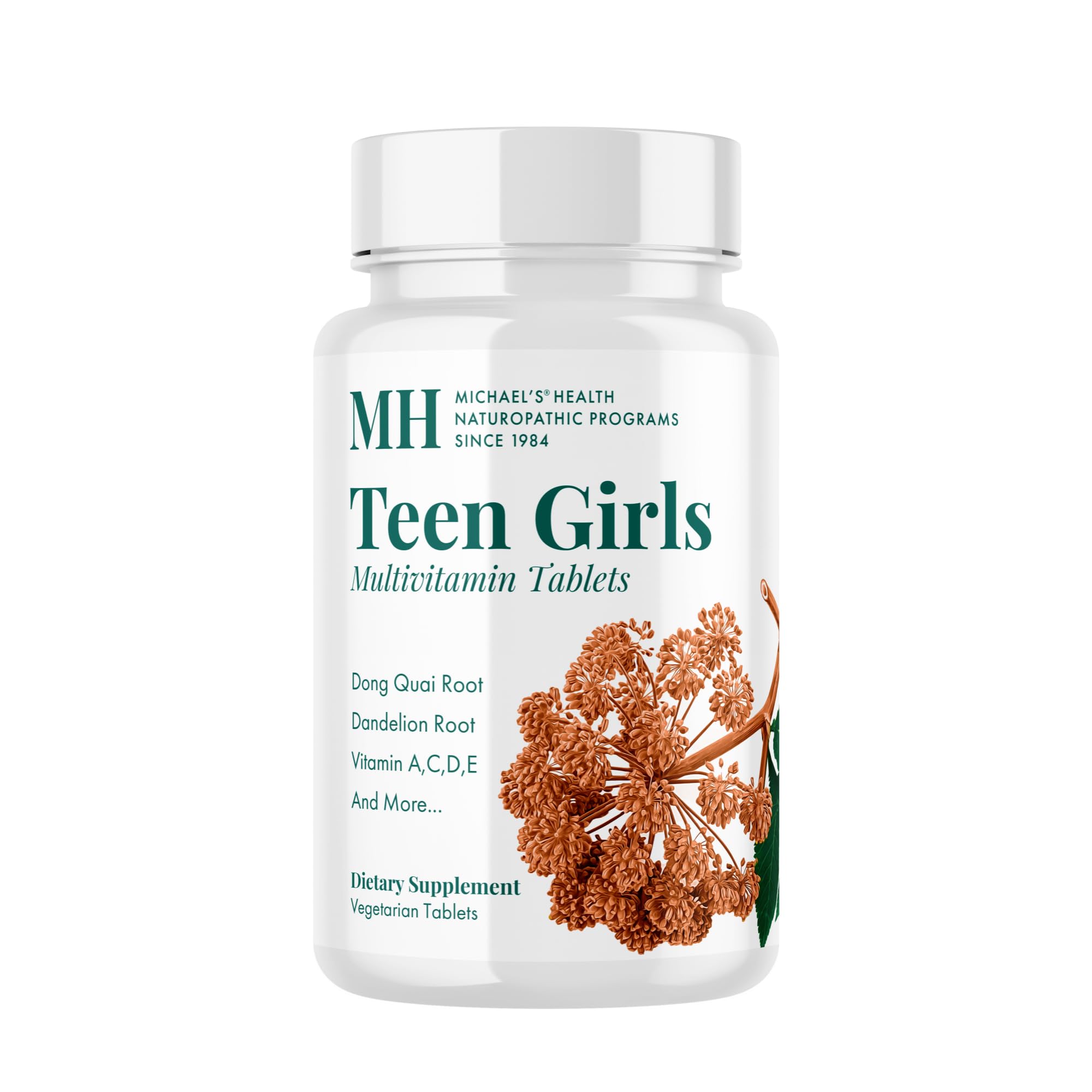 Michael's Health Naturopathic Teen Girls Multivitamin bottle on kitchen counter for daily teen wellness.