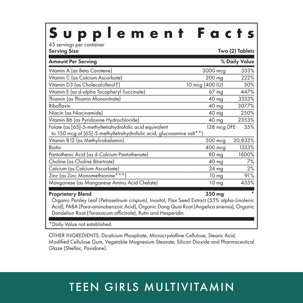 Michaels Health Teen Girls Multivitamin tablets close-up highlighting B complex for energy support.