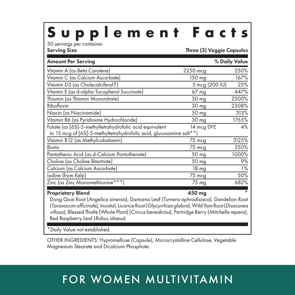 MICHAEL'S Health Naturopathic Women Multivitamin bottle label highlights key nutrients for skin and hair