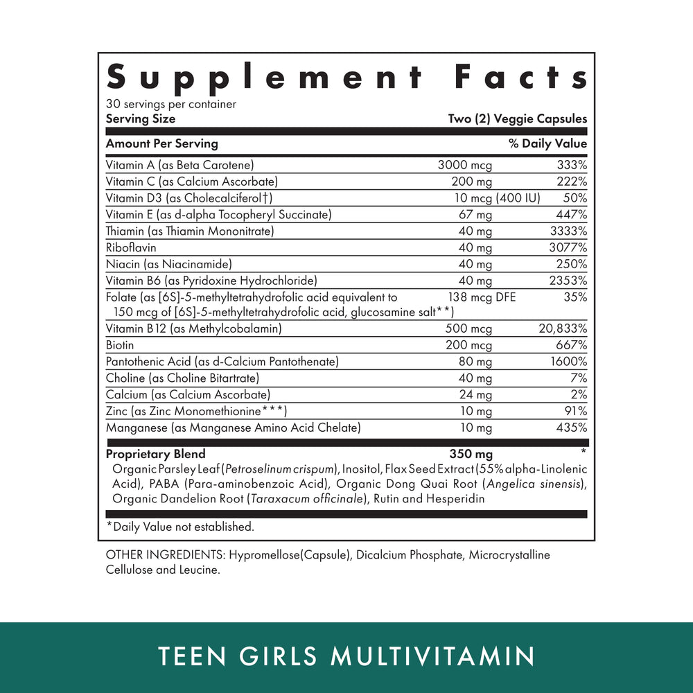 MICHAEL'S Teen Girls Multivitamin capsules closeup highlights vegetarian, kosher formula.