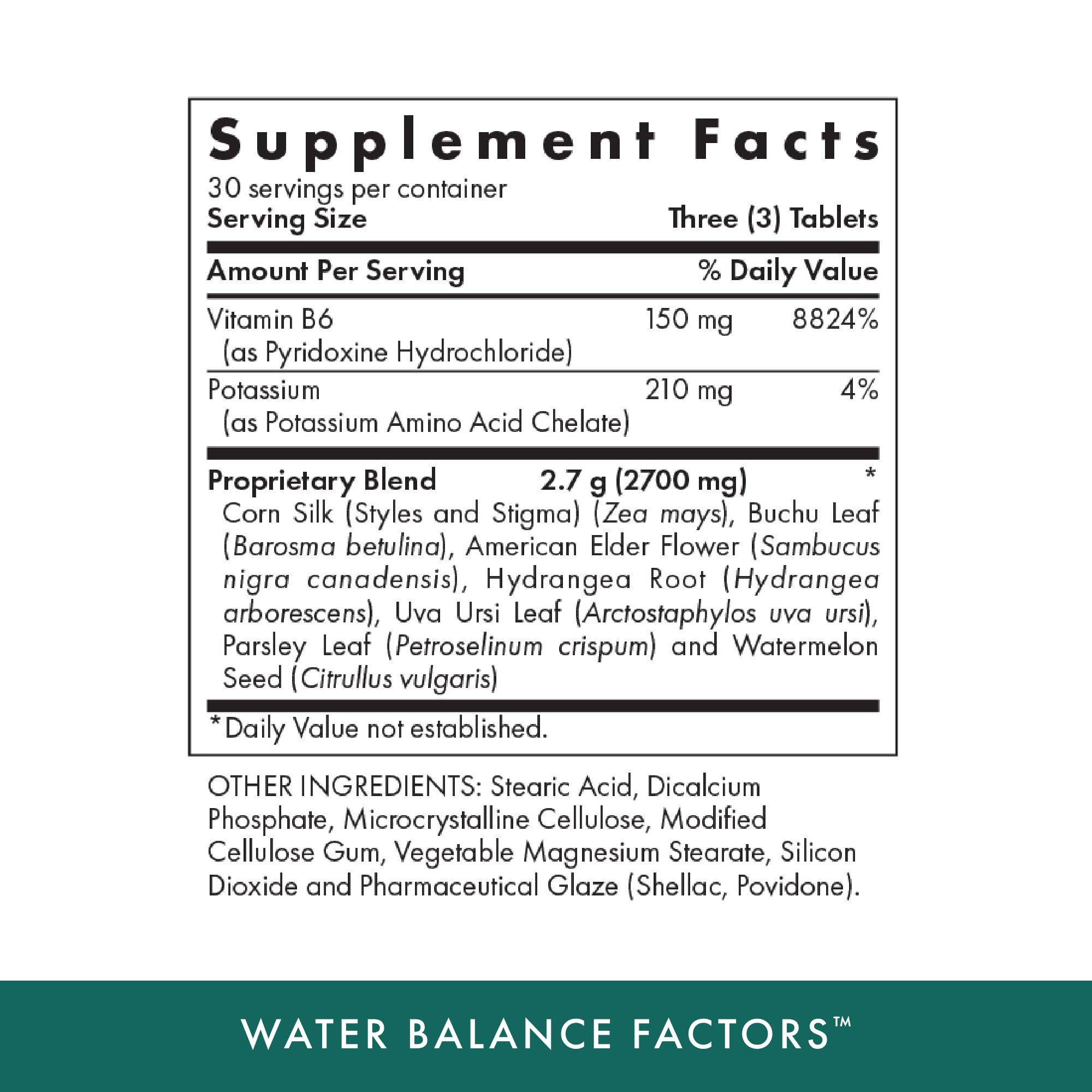 Close-up of MICHAEL'S Water Balance Factors ingredients detailing potassium and vitamin B6.