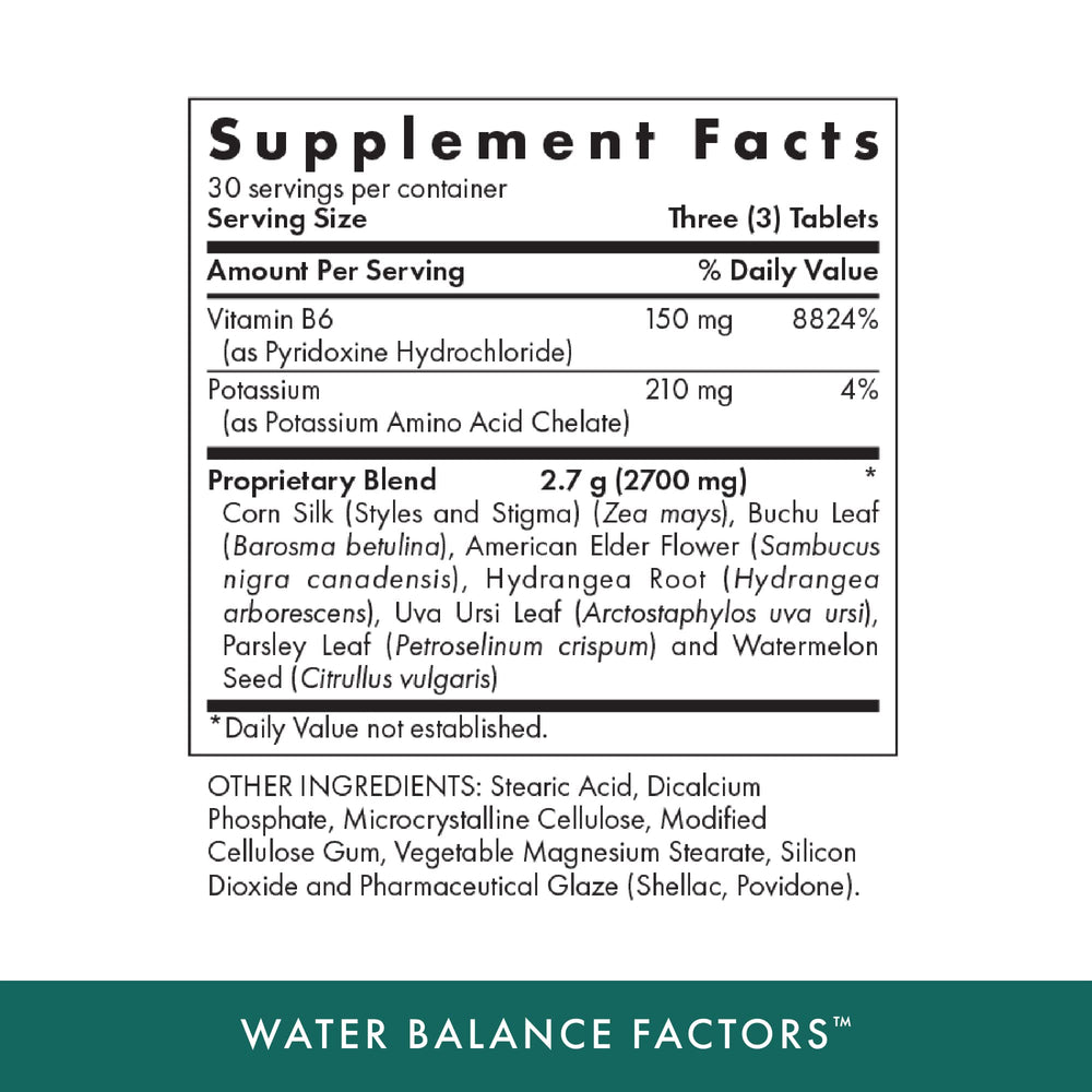Close-up of MICHAEL'S Water Balance Factors ingredients detailing potassium and vitamin B6.