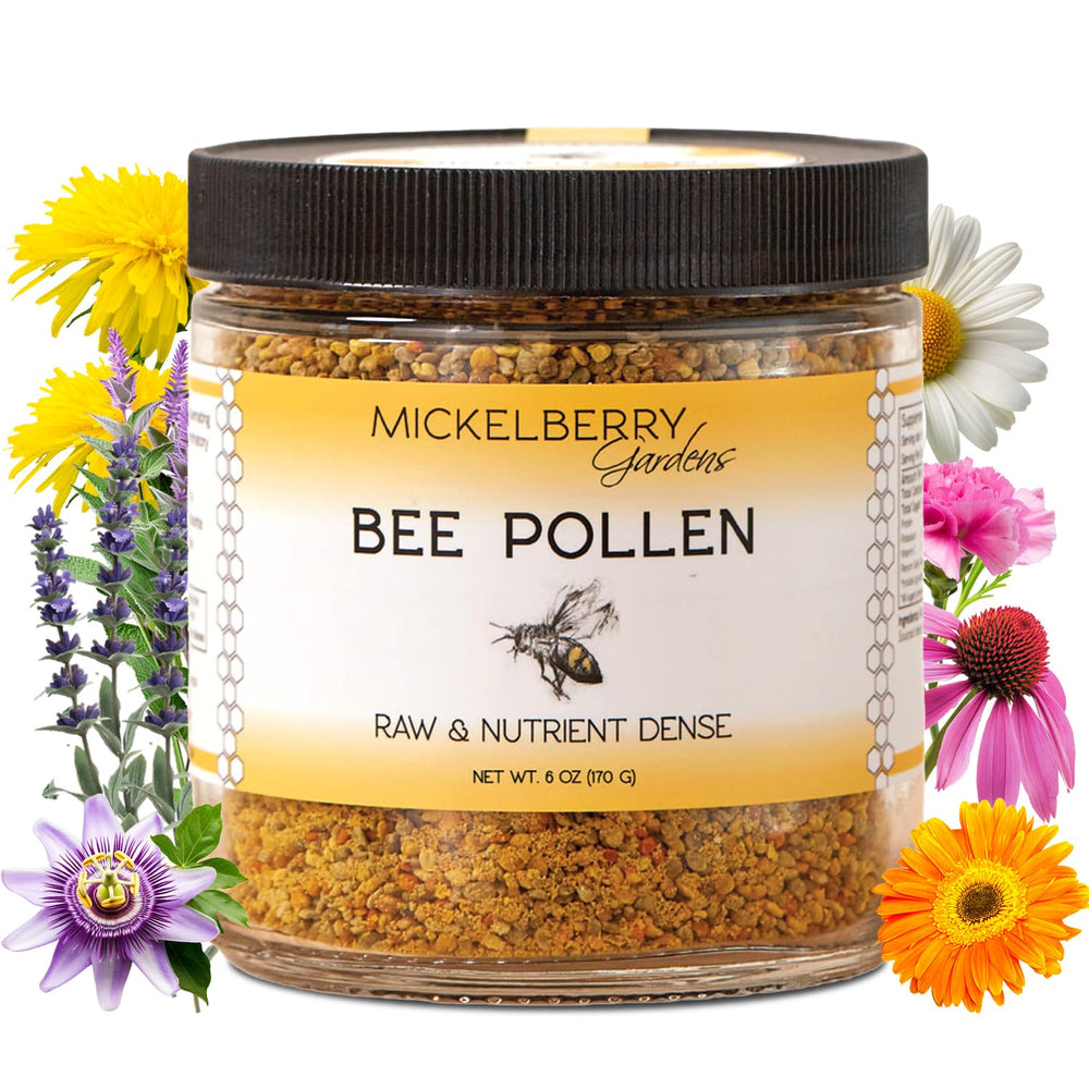 Mickelberry Gardens bee pollen granules in a bottle, raw and nutrient-dense for daily energy.