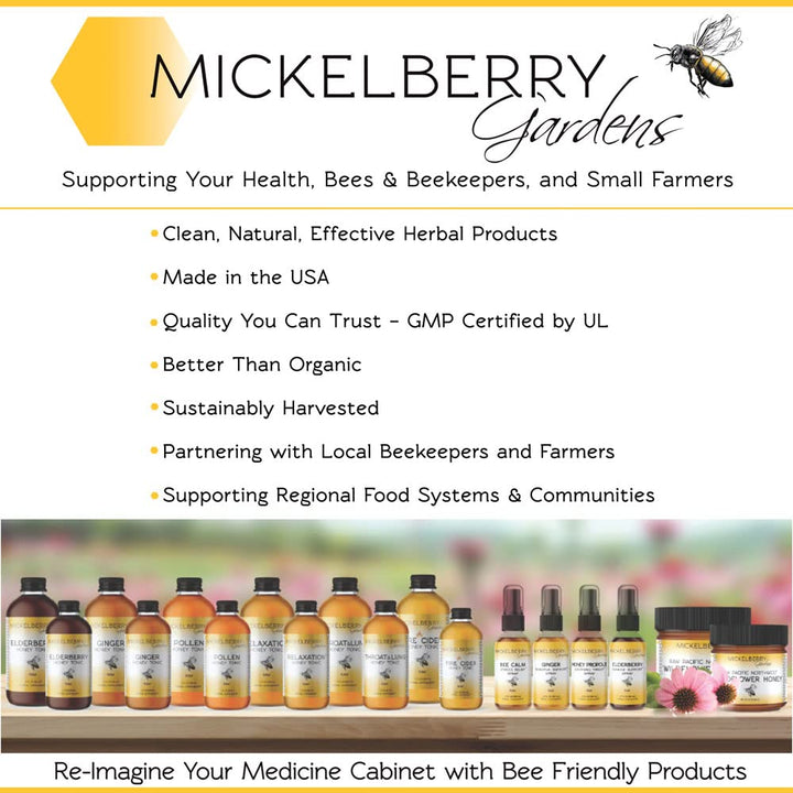 Mickelberry Gardens bee pollen granules made-in-usa seal on label.