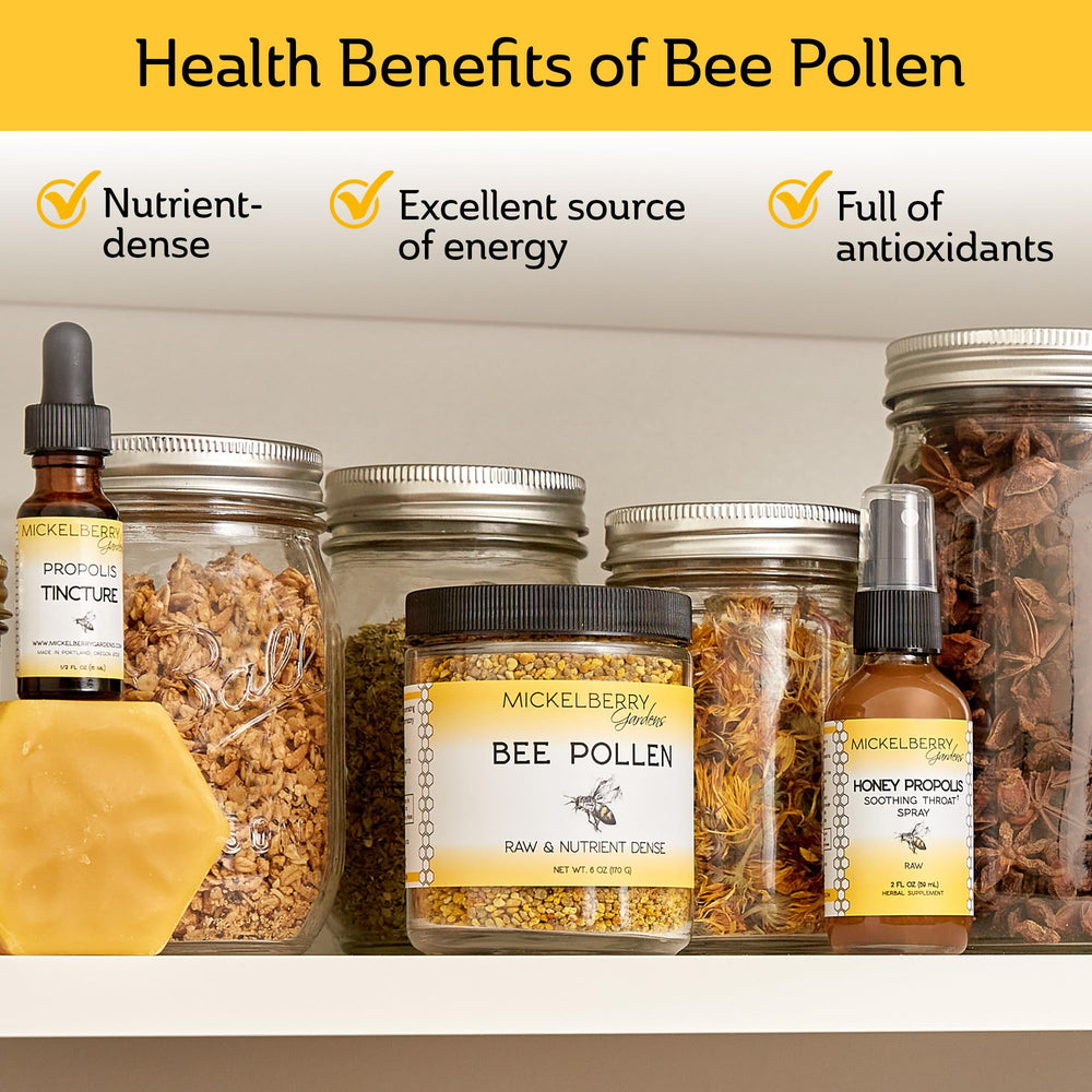 Packaging of Mickelberry Gardens Bee Pollen highlighting sustainability and quality