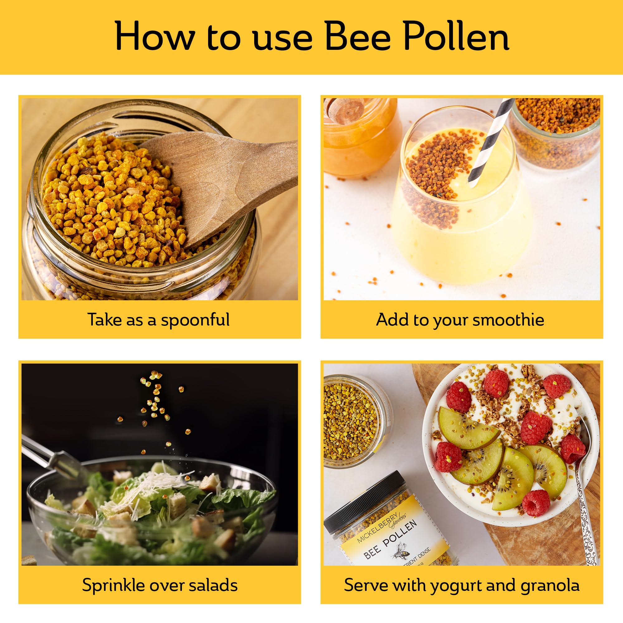 Bee Pollen in a smoothie bowl by Mickelberry Gardens for a nutrient boost