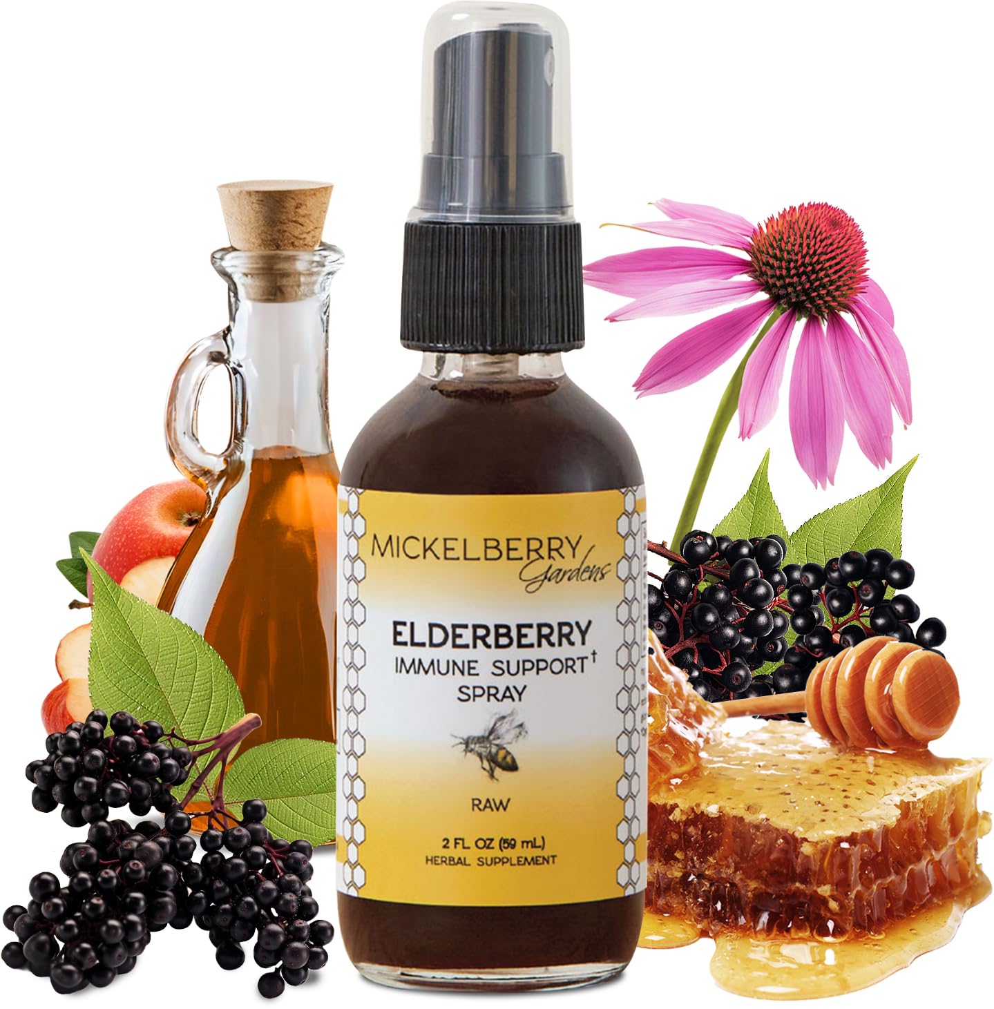 Mickelberry Gardens elderberry honey propolis throat spray bottle on countertop for everyday immune support