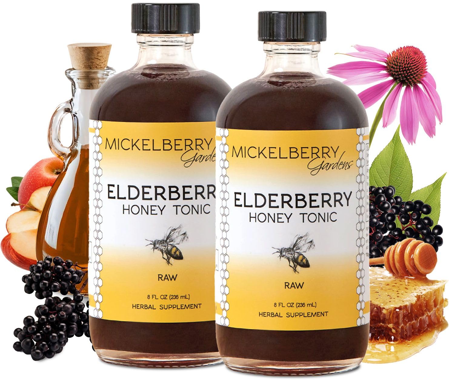 Mickelberry Gardens Elderberry Honey Tonic bottle on a table, supporting seasonal wellness