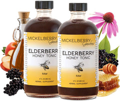 Mickelberry Gardens Elderberry Honey Tonic bottle on a table, supporting seasonal wellness
