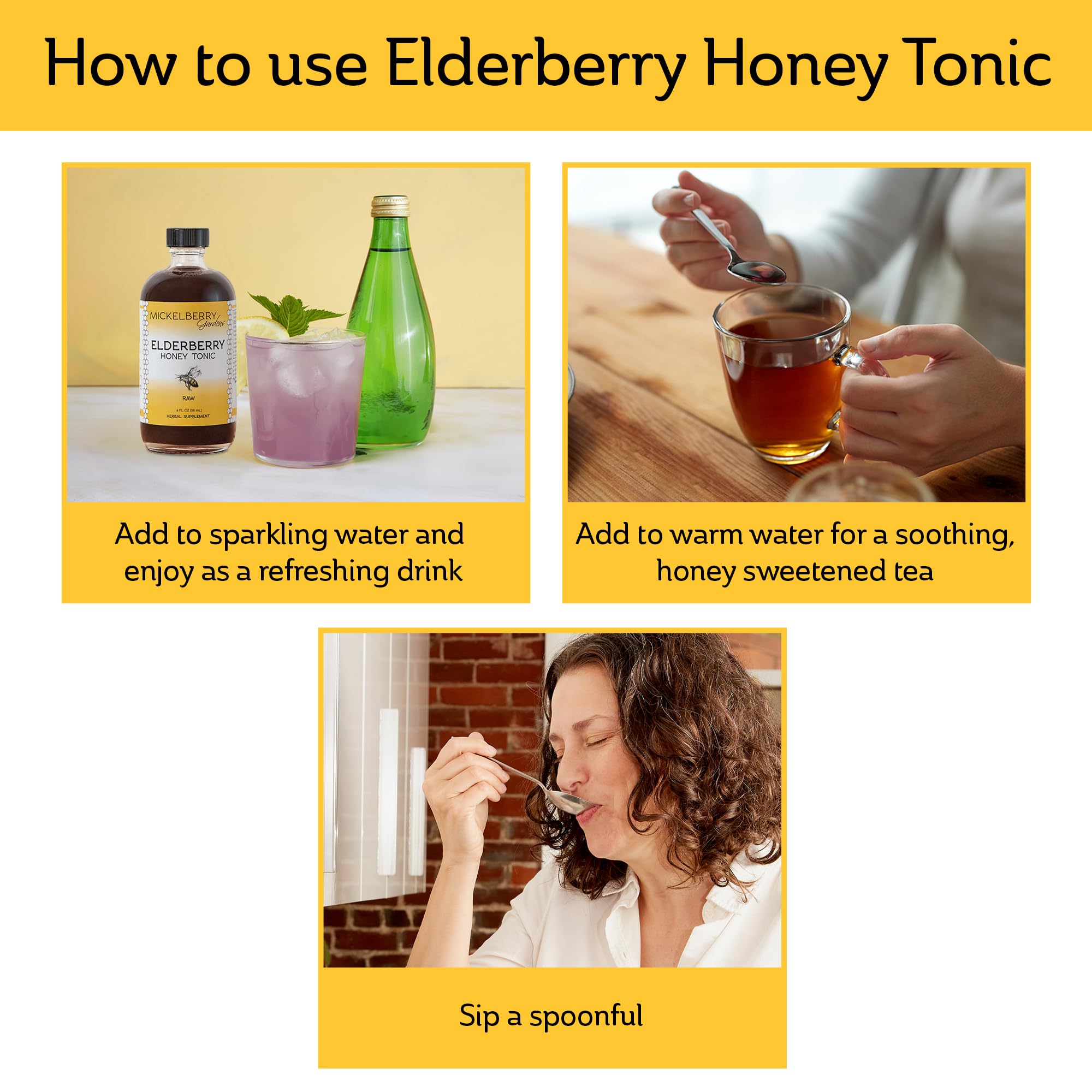 Mickelberry Gardens elderberry syrup spoon-dispense for quick daily use.