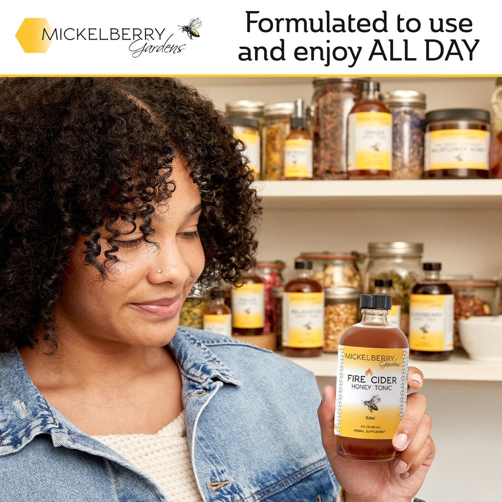 Mickelberry Gardens Fire Cider bottle on counter ready to elevate meals.