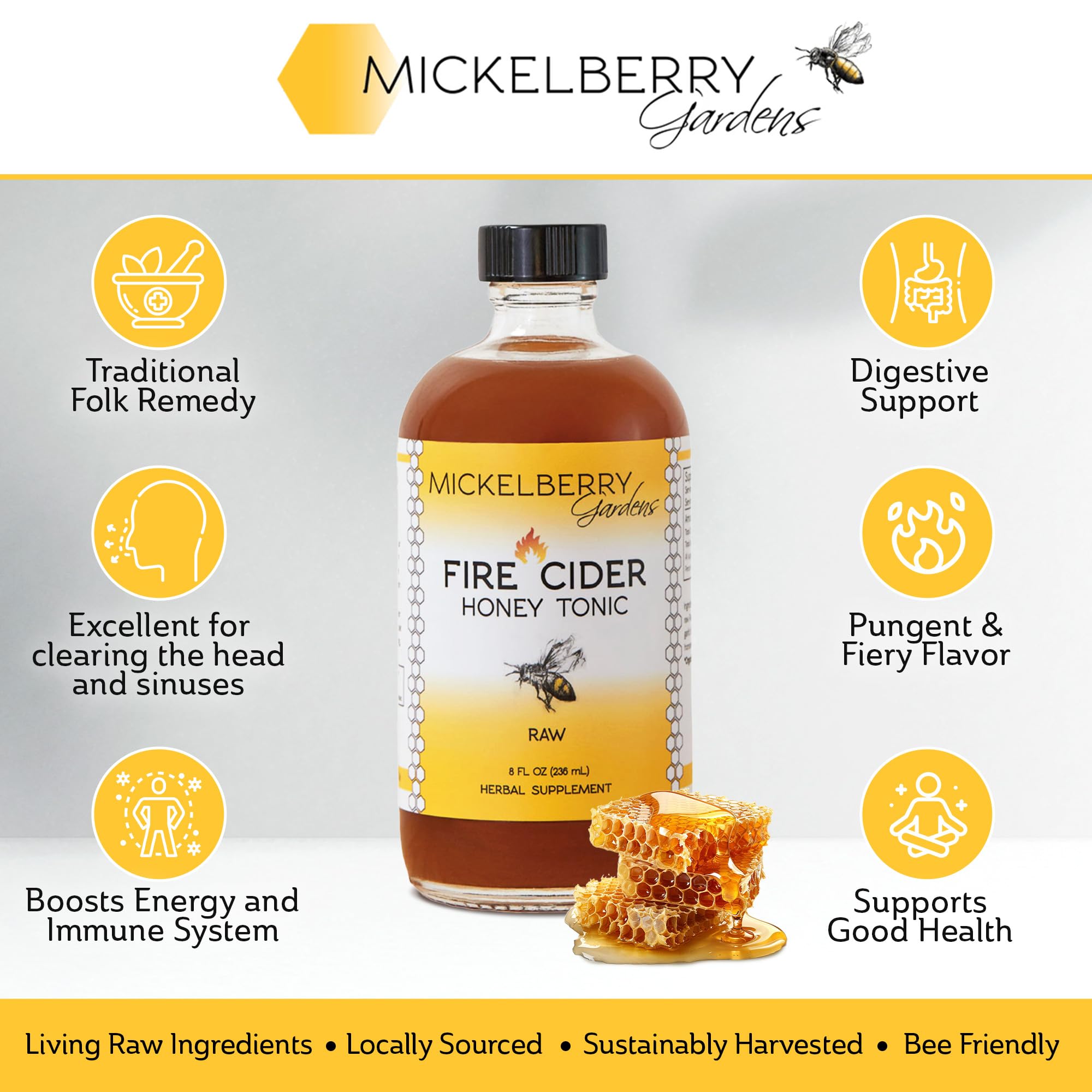 Mickelberry Gardens Fire Cider label close-up emphasizes organic herbs and quality ingredients.