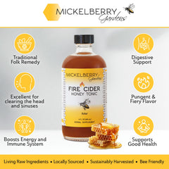 Mickelberry Gardens Fire Cider label close-up emphasizes organic herbs and quality ingredients.