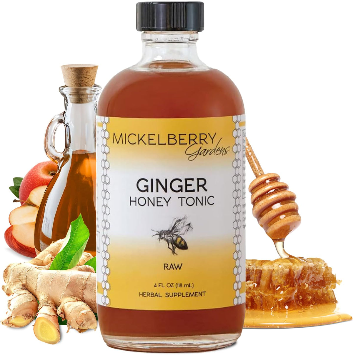 Mickelberry Gardens immune-support ginger tonic bottle promotes daily wellness.