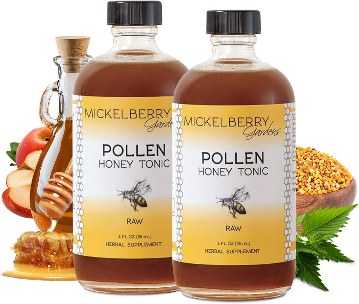 Mickelberry Gardens Pollen Honey Tonic bottle front for daily respiratory comfort.