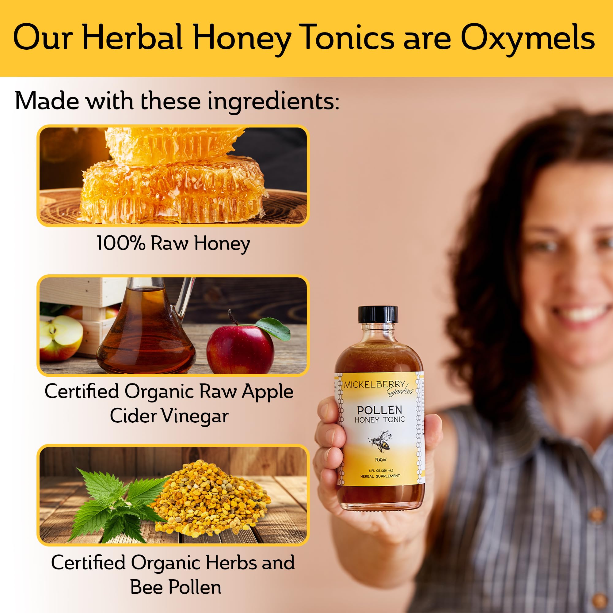 Mickelberry Gardens Pollen Honey Tonic bottle on shelf signals sustainability and local sourcing