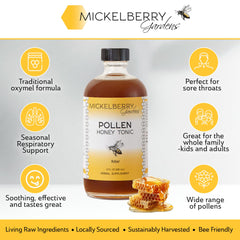 Mickelberry Gardens Pollen Honey Tonic ingredients close-up showing bee pollen and nettle.