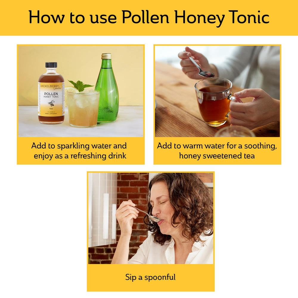 Mickelberry Gardens Pollen Honey Tonic ingredients shot shows bee pollen and apple cider vinegar
