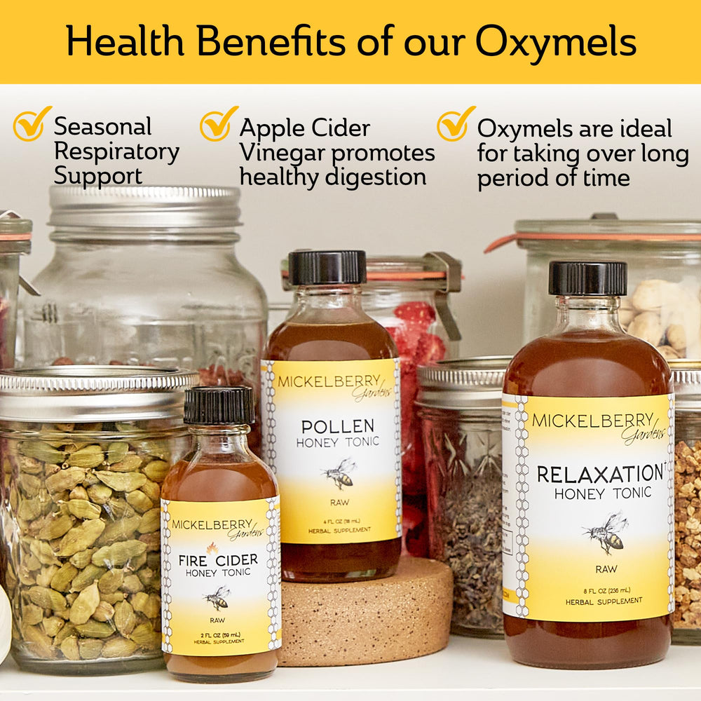 Mickelberry Gardens Pollen Honey Tonic label close-up highlighting sustainable, US-made packaging.