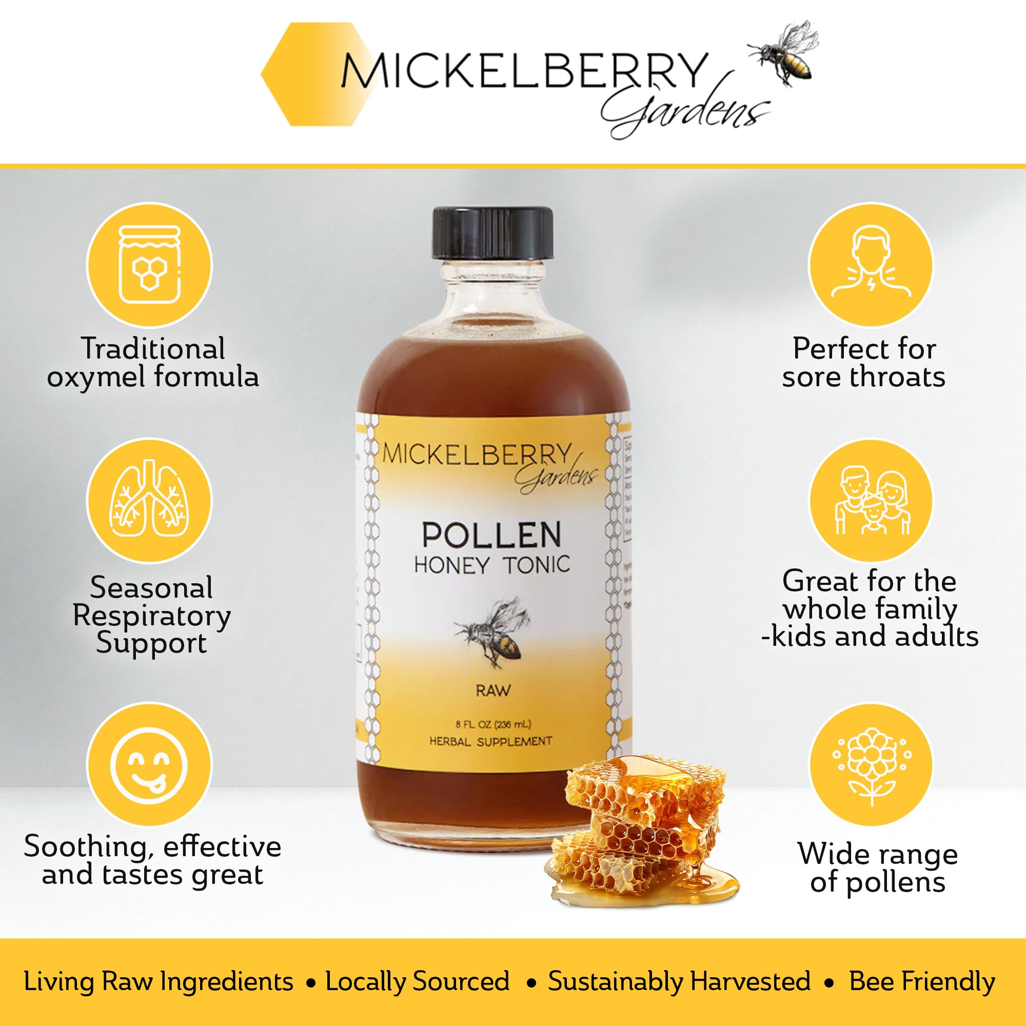 Mickelberry Gardens Pollen Honey Tonic label closeup highlights organic nettle and honey benefits