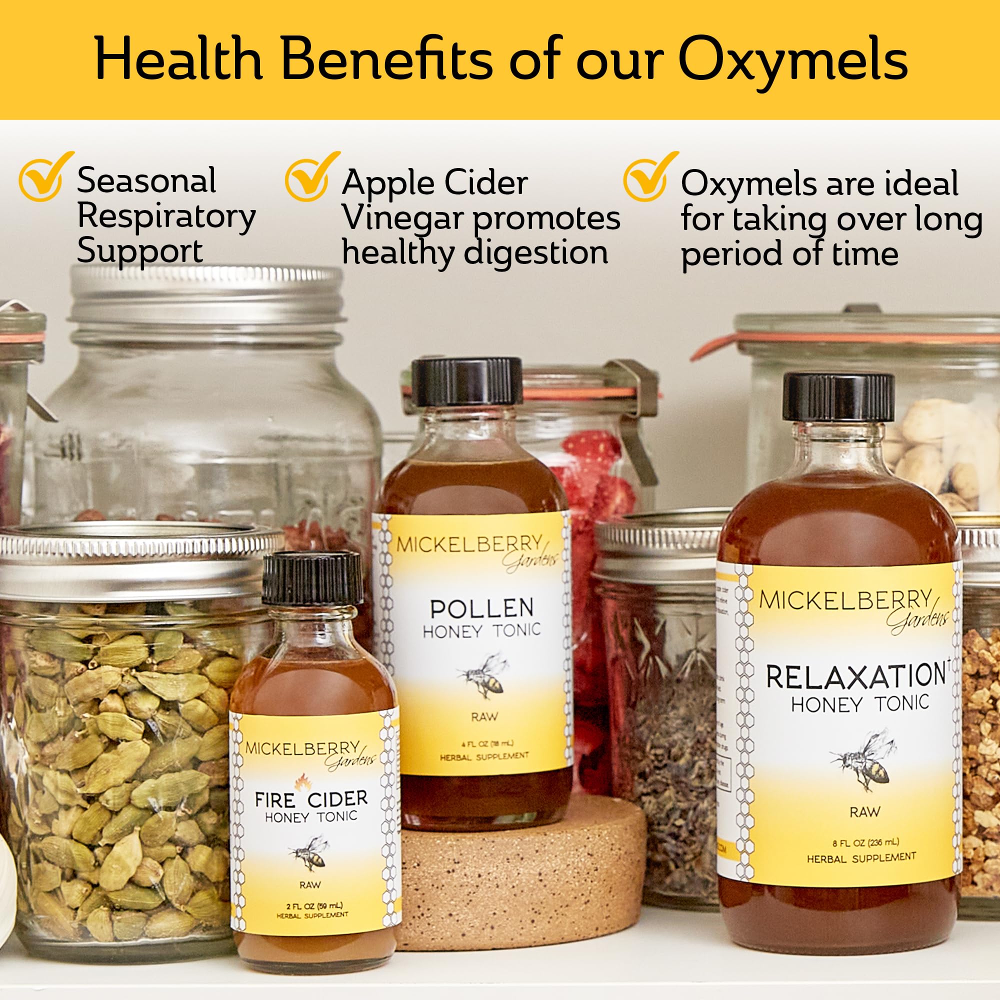 Mickelberry Gardens Pollen Honey Tonic packaging highlights USA-made, GMP quality