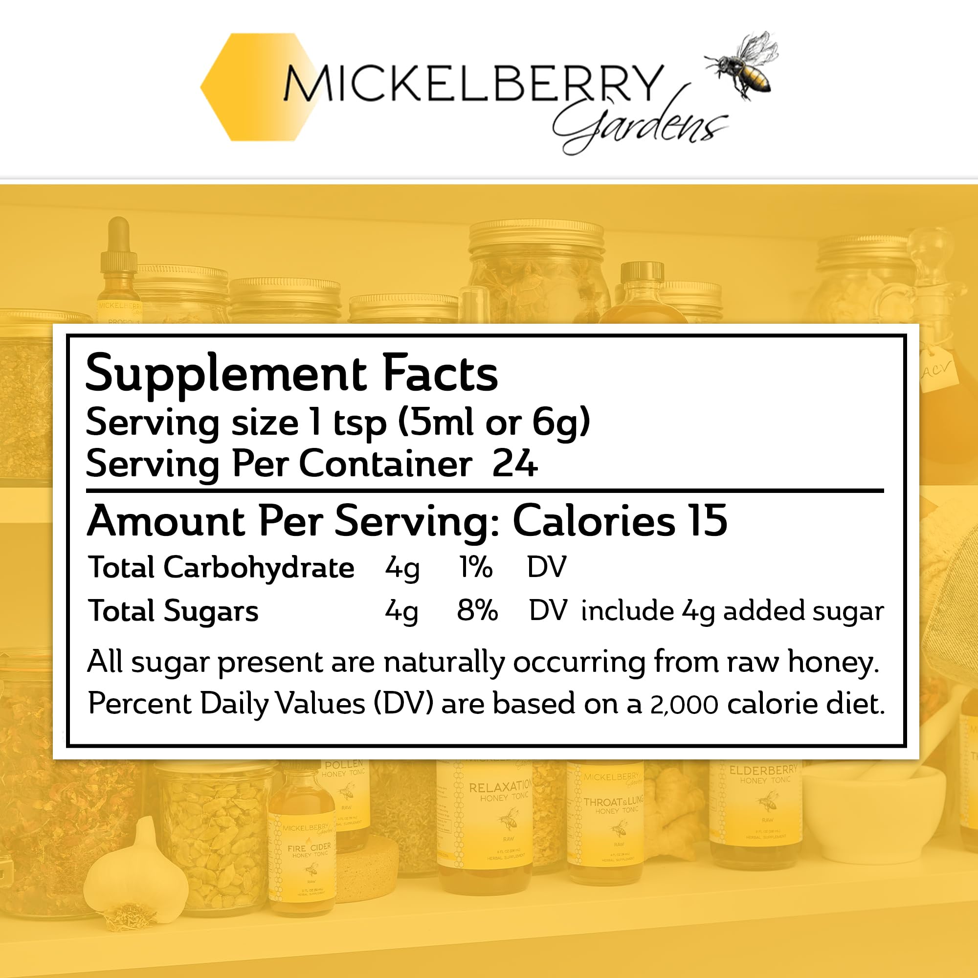 Mickelberry Gardens Pollen Honey Tonic pack shot with two 4 oz bottles.