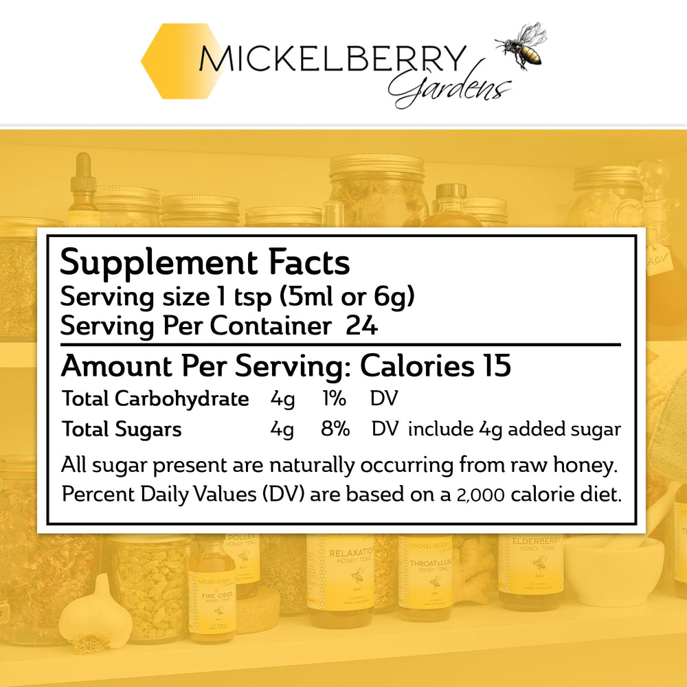 Mickelberry Gardens Pollen Honey Tonic pack shot with two 4 oz bottles.