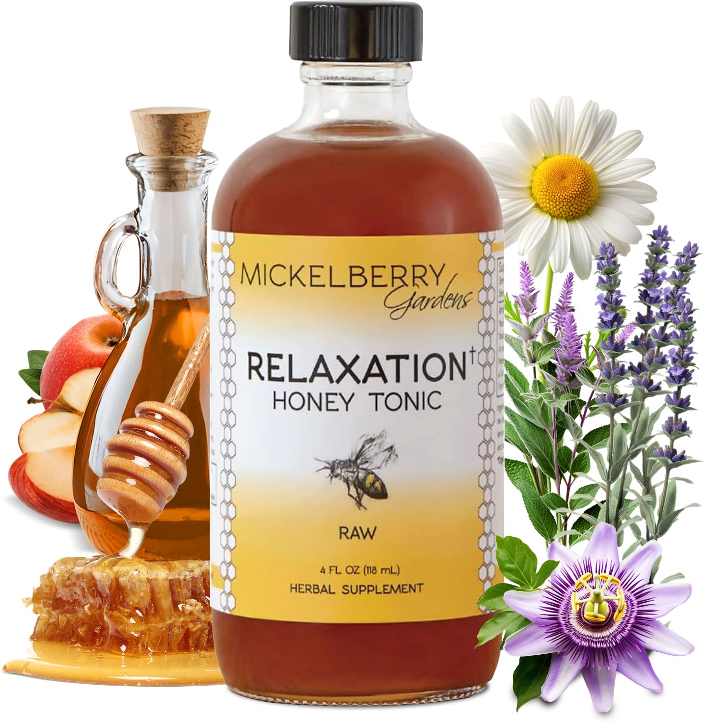 Mickelberry Gardens Relaxation Honey Tonic bottle close-up for calm evenings