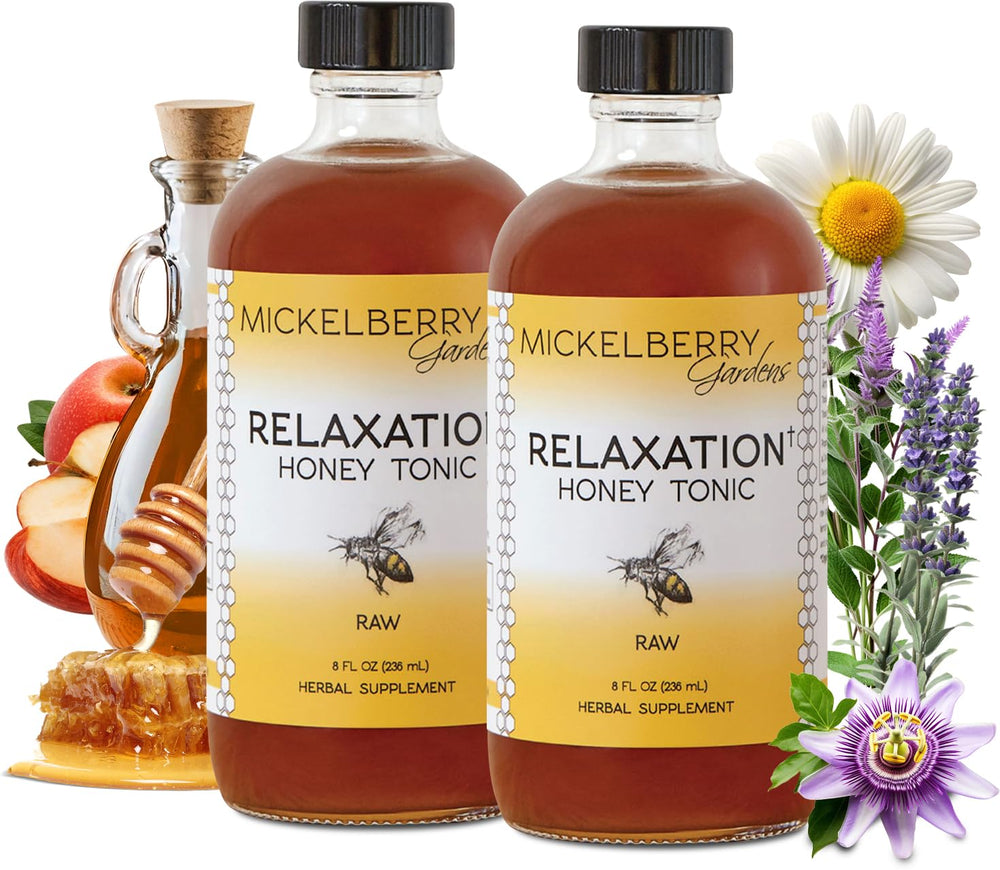 Mickelberry Gardens Relaxation Honey Tonic bottle pour promotes calm before bedtime.